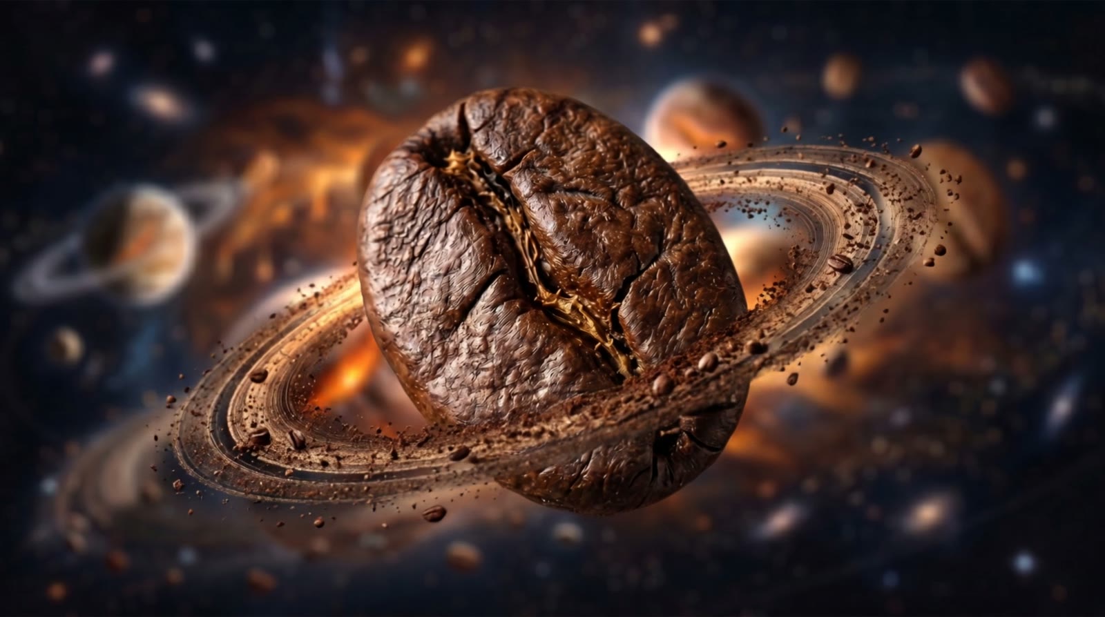 A coffee bean rendered as a ringed planet